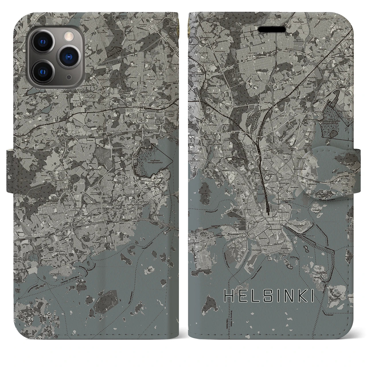 【ヘルシンキ(フィンランド)】地図柄iPhoneケース(手帳タイプ)モノトーン・iPhone 11 Pro Max 用
