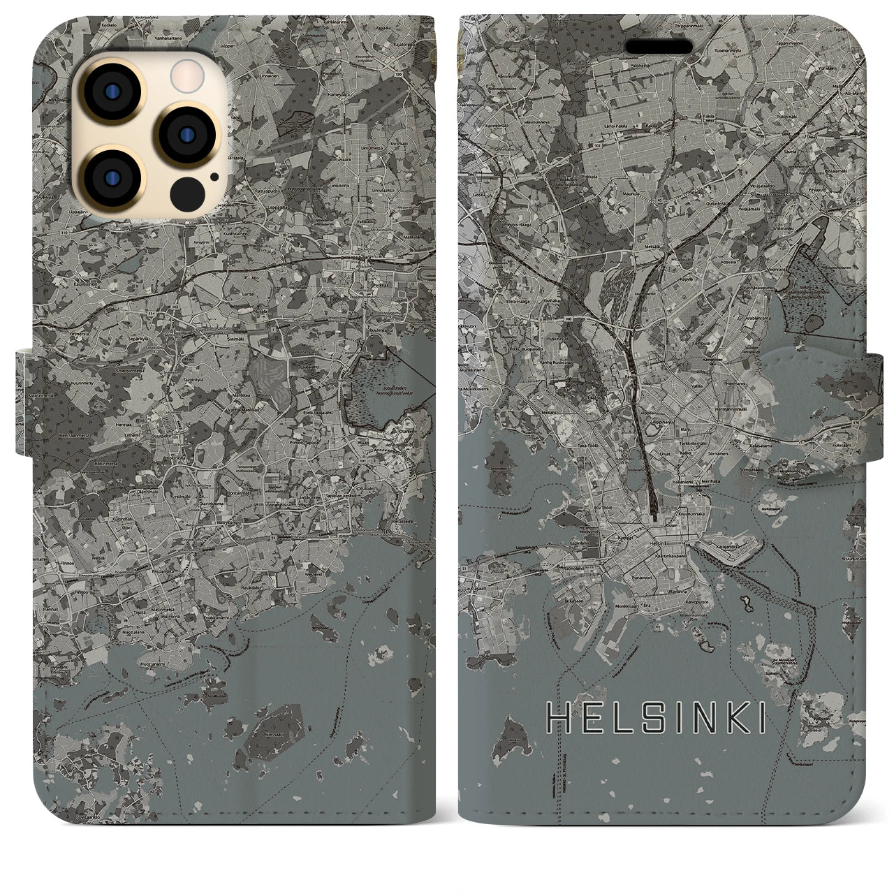 【ヘルシンキ(フィンランド)】地図柄iPhoneケース(手帳タイプ)モノトーン・iPhone 12 Pro Max 用