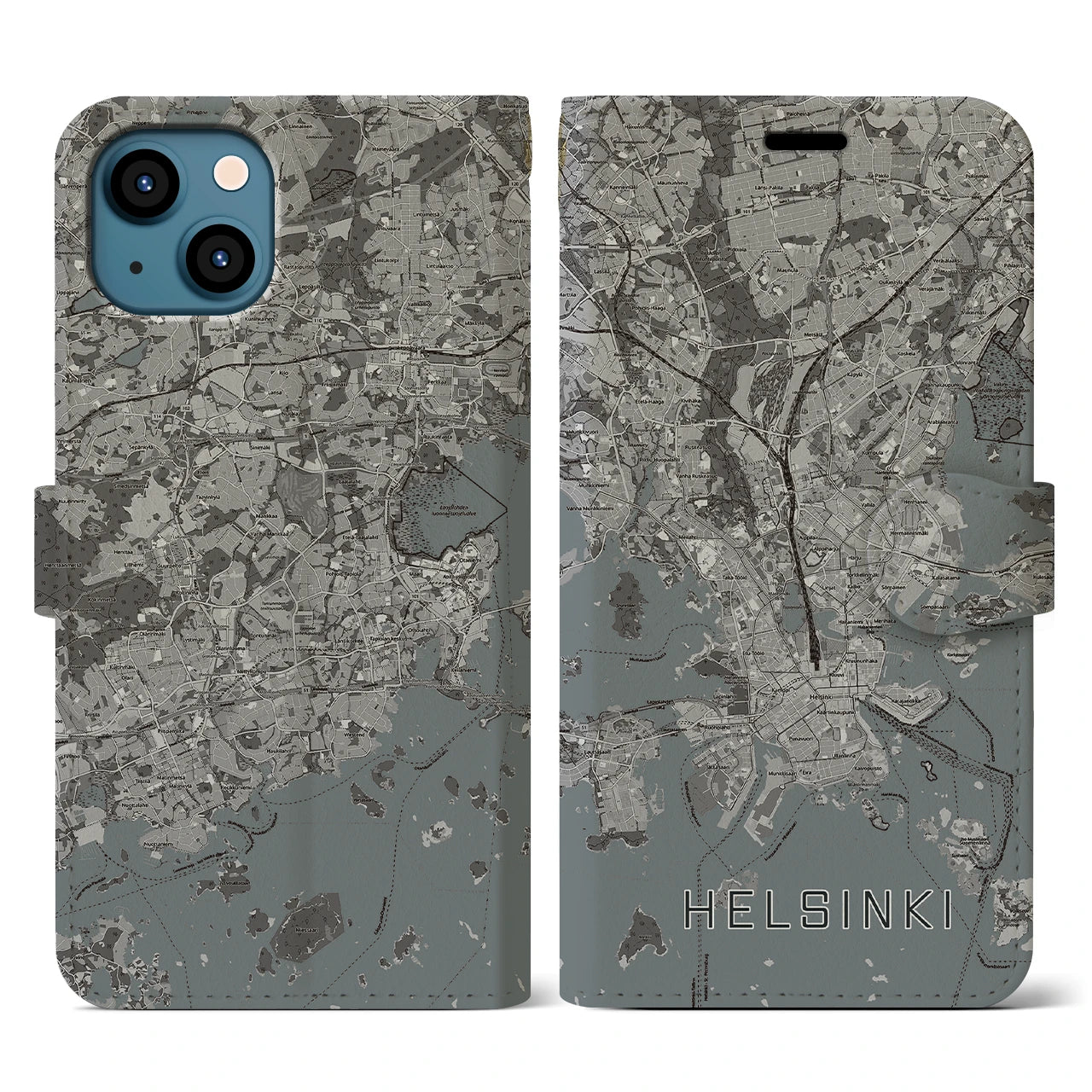【ヘルシンキ(フィンランド)】地図柄iPhoneケース(手帳タイプ)モノトーン・iPhone 13 用