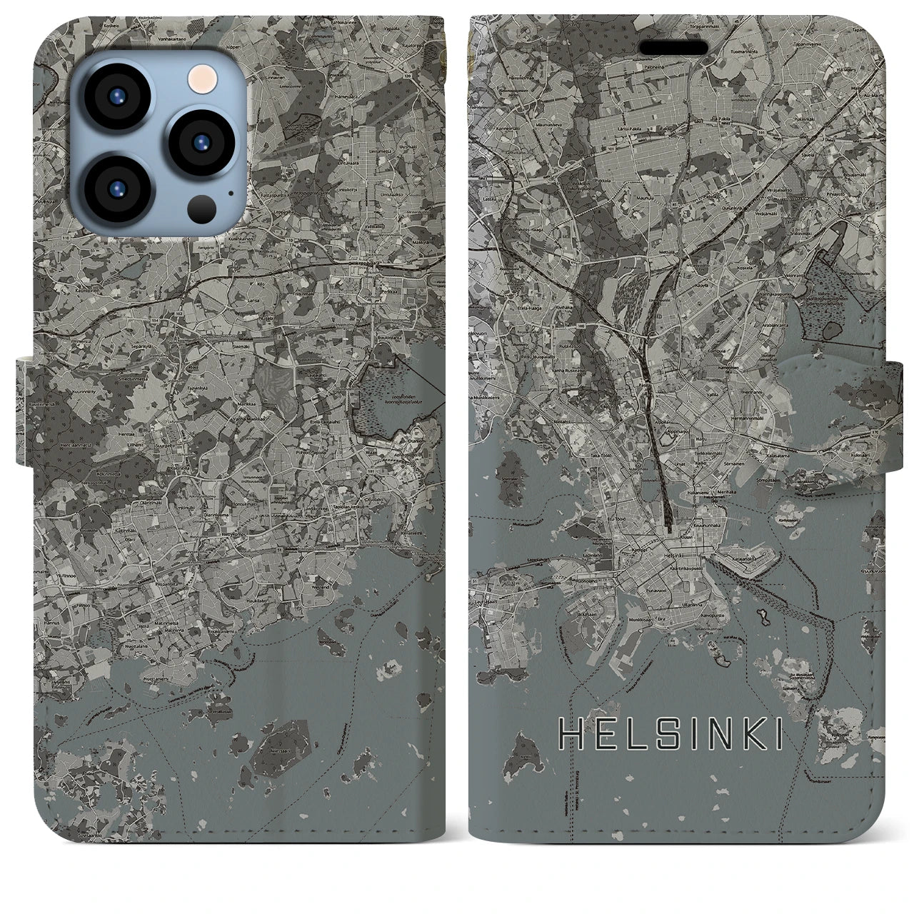 【ヘルシンキ(フィンランド)】地図柄iPhoneケース(手帳タイプ)モノトーン・iPhone 13 Pro Max 用