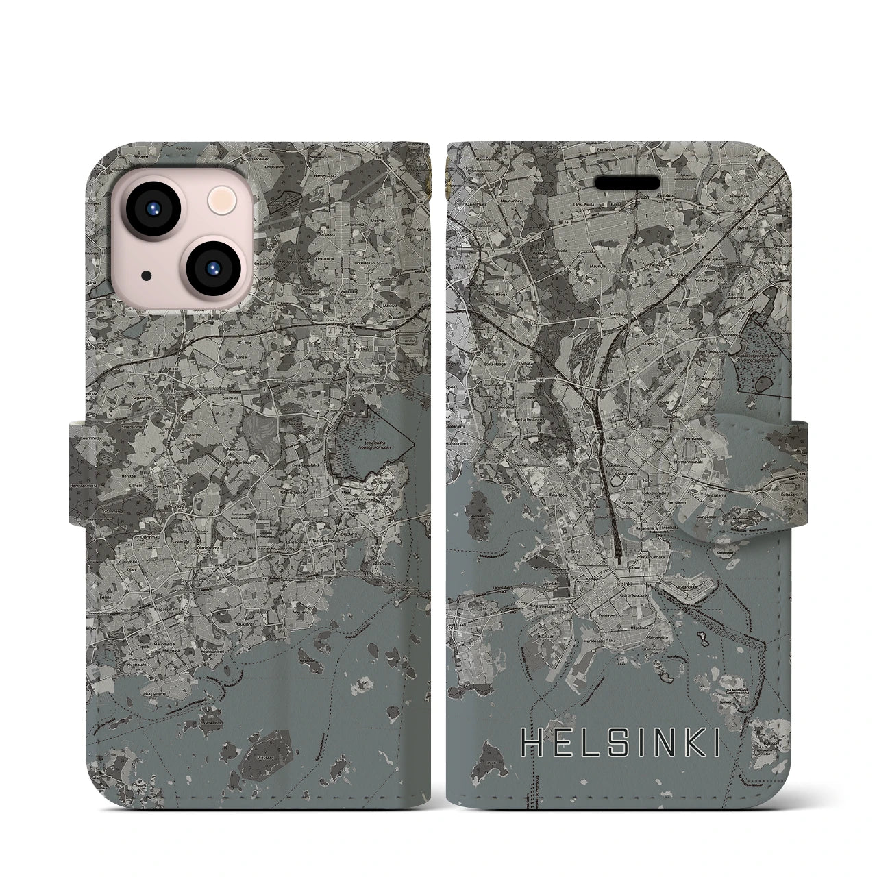 【ヘルシンキ(フィンランド)】地図柄iPhoneケース(手帳タイプ)モノトーン・iPhone 13 mini 用