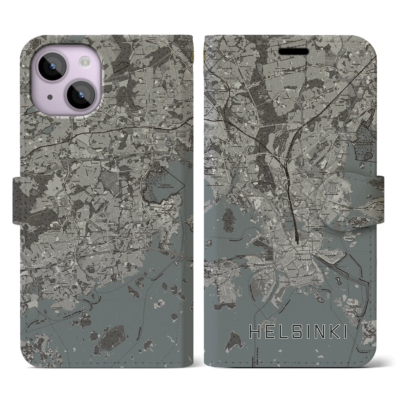 【ヘルシンキ(フィンランド)】地図柄iPhoneケース(手帳タイプ)モノトーン・iPhone 14 用
