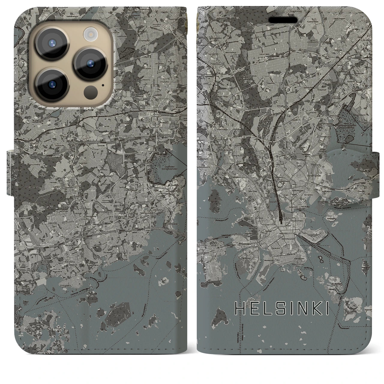 【ヘルシンキ(フィンランド)】地図柄iPhoneケース(手帳タイプ)モノトーン・iPhone 14 Pro Max 用