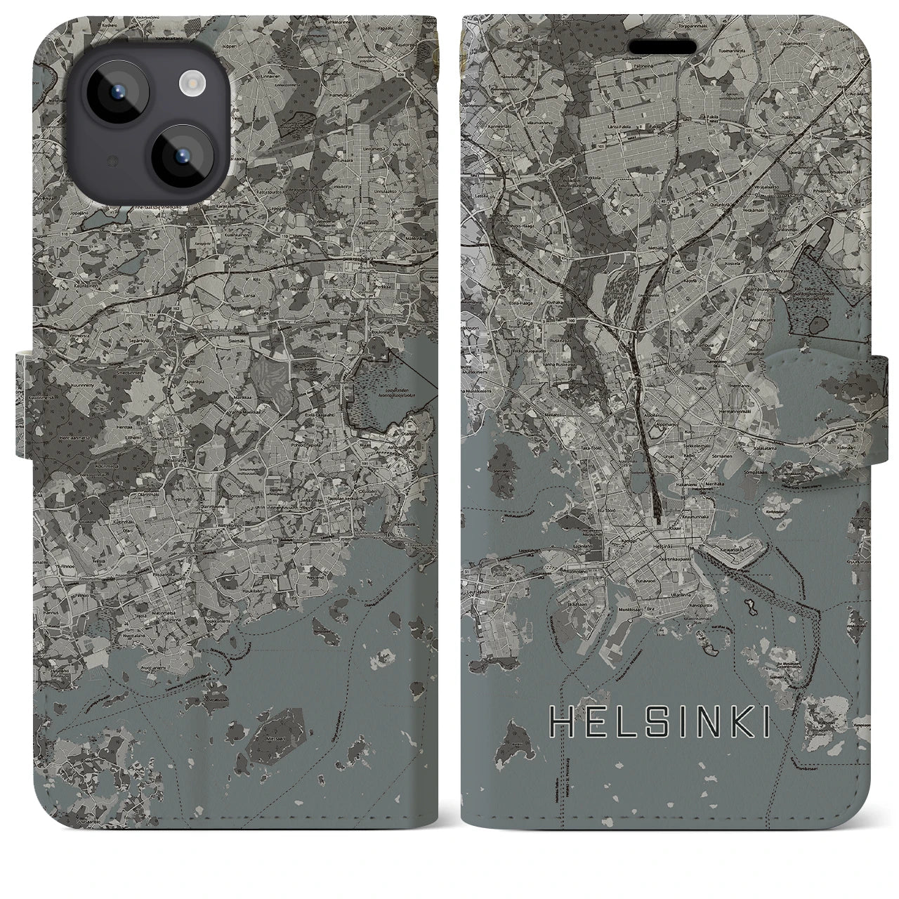 【ヘルシンキ(フィンランド)】地図柄iPhoneケース(手帳タイプ)モノトーン・iPhone 14 Plus 用