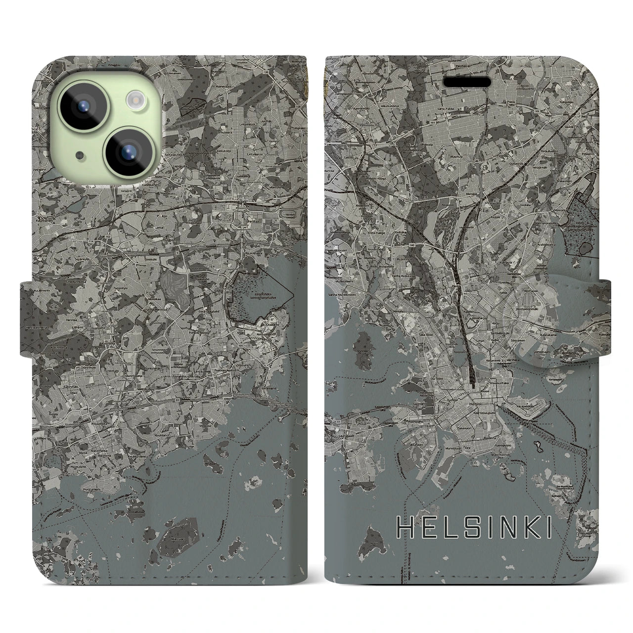 【ヘルシンキ(フィンランド)】地図柄iPhoneケース(手帳タイプ)モノトーン・iPhone 15 用