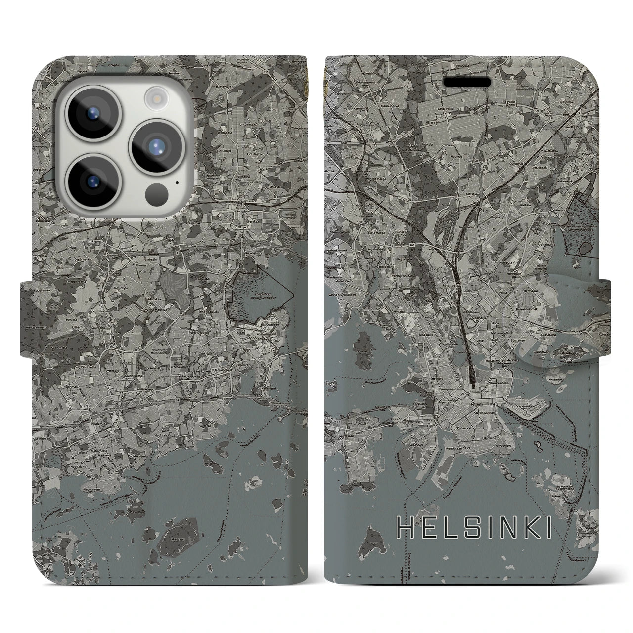 【ヘルシンキ(フィンランド)】地図柄iPhoneケース(手帳タイプ)モノトーン・iPhone 15 Pro 用