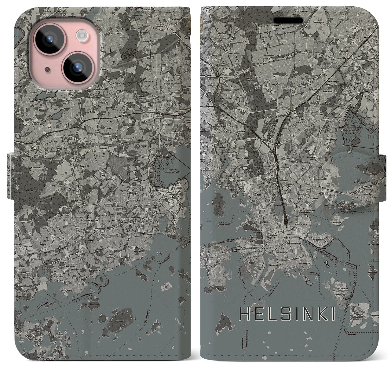 【ヘルシンキ(フィンランド)】地図柄iPhoneケース(手帳タイプ)モノトーン・iPhone 15 Plus 用