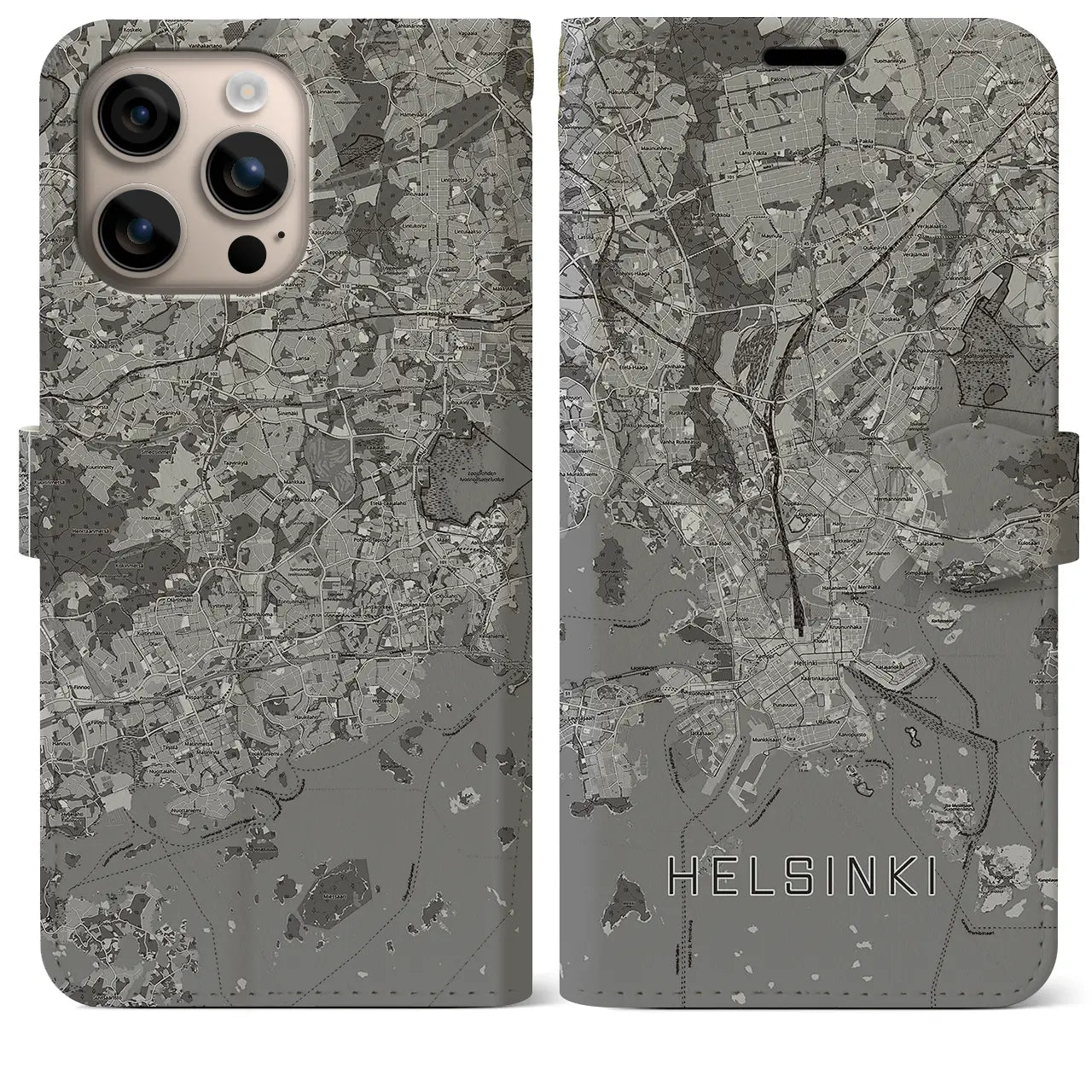 【ヘルシンキ(フィンランド)】地図柄iPhoneケース(手帳タイプ)モノトーン・iPhone 16 Plus 用