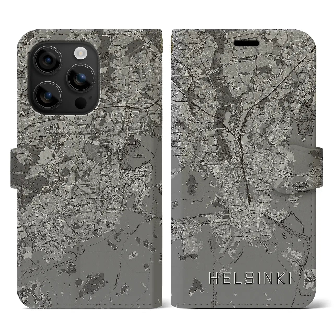 【ヘルシンキ(フィンランド)】地図柄iPhoneケース(手帳タイプ)モノトーン・iPhone 16 用