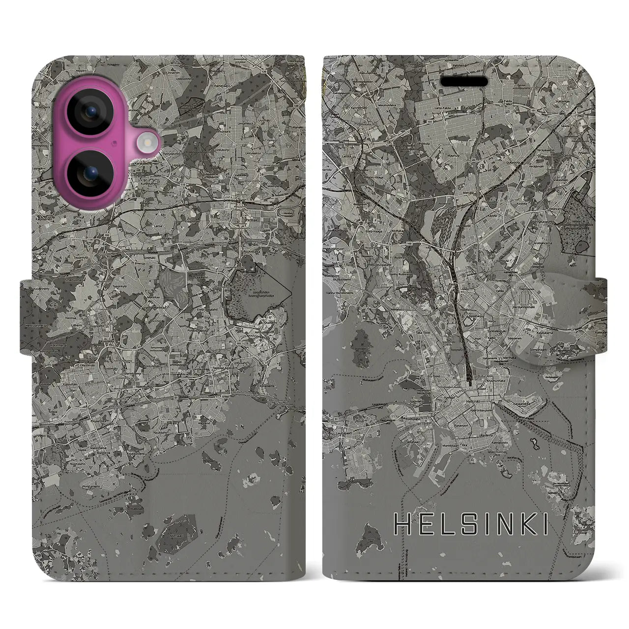 【ヘルシンキ(フィンランド)】地図柄iPhoneケース(手帳タイプ)モノトーン・iPhone 16 Pro 用