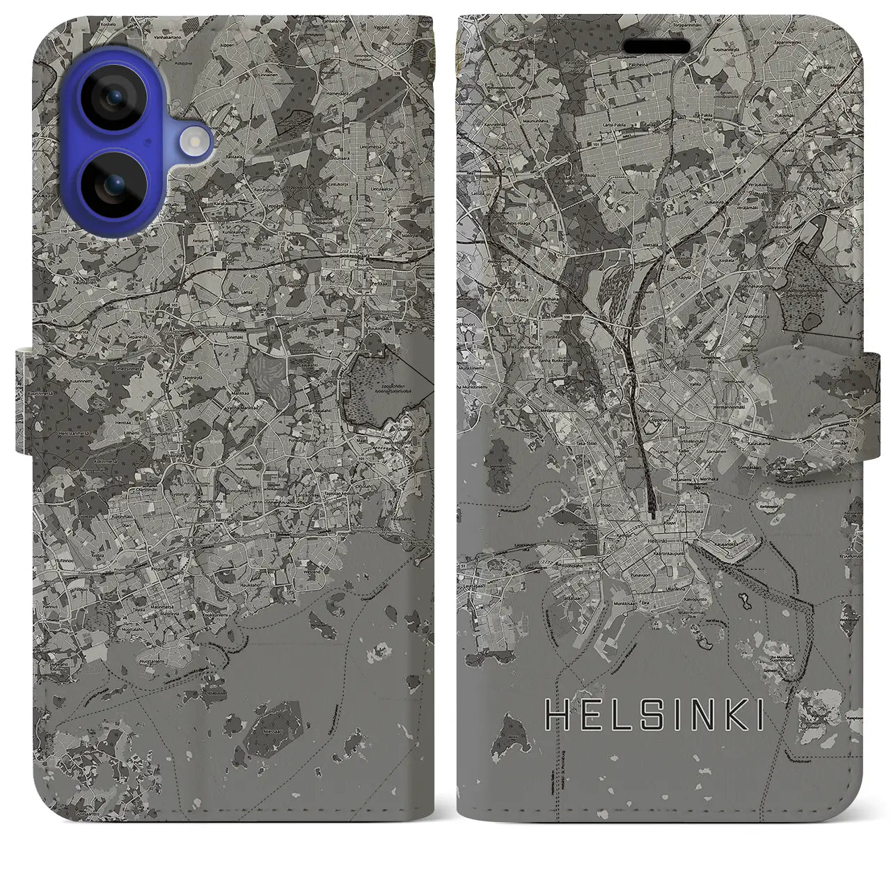 【ヘルシンキ(フィンランド)】地図柄iPhoneケース(手帳タイプ)モノトーン・iPhone 16 Pro Max 用