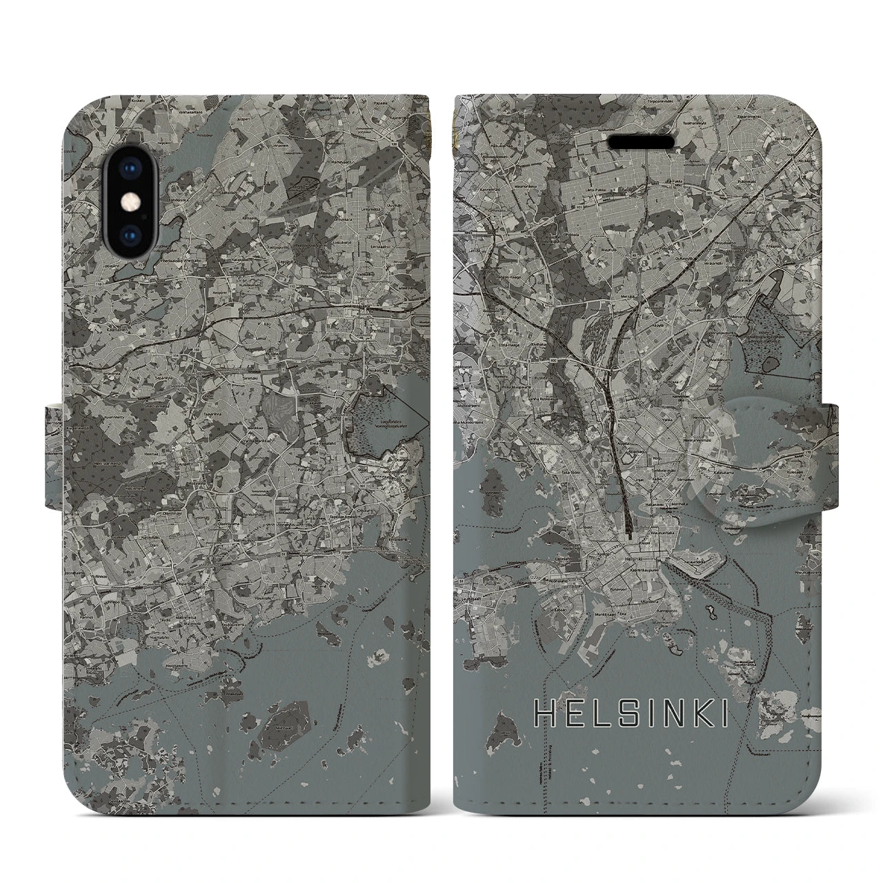 【ヘルシンキ(フィンランド)】地図柄iPhoneケース(手帳タイプ)モノトーン・iPhone XS / X 用
