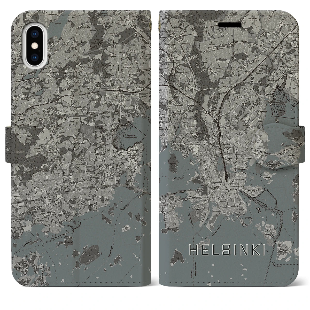 【ヘルシンキ(フィンランド)】地図柄iPhoneケース(手帳タイプ)モノトーン・iPhone XS Max 用