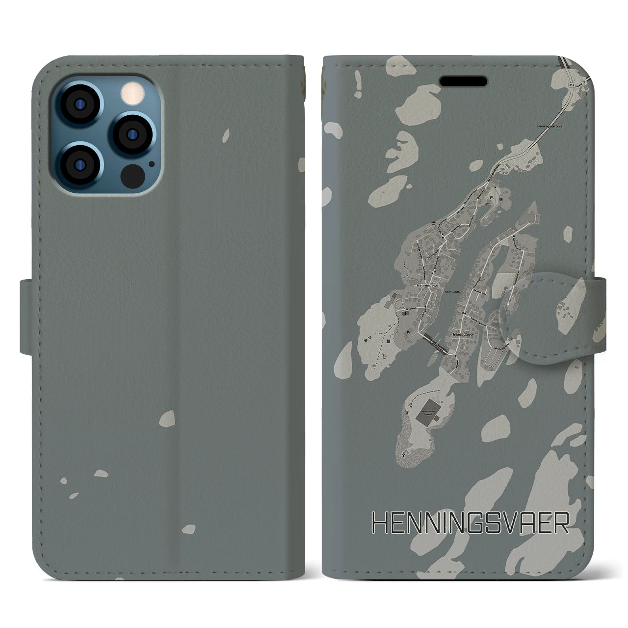 【ヘニングスヴァール(ノルウェー)】地図柄iPhoneケース(手帳タイプ)モノトーン・iPhone 12 / 12 Pro 用