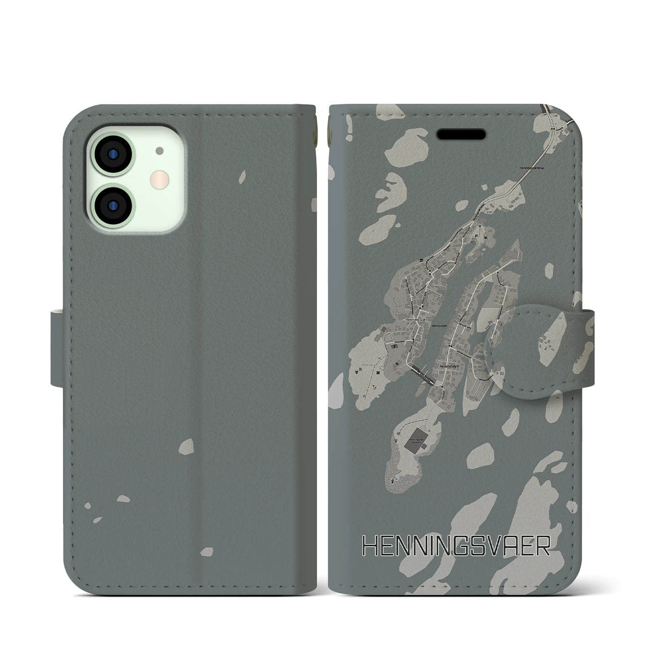 【ヘニングスヴァール(ノルウェー)】地図柄iPhoneケース(手帳タイプ)モノトーン・iPhone 12 mini 用