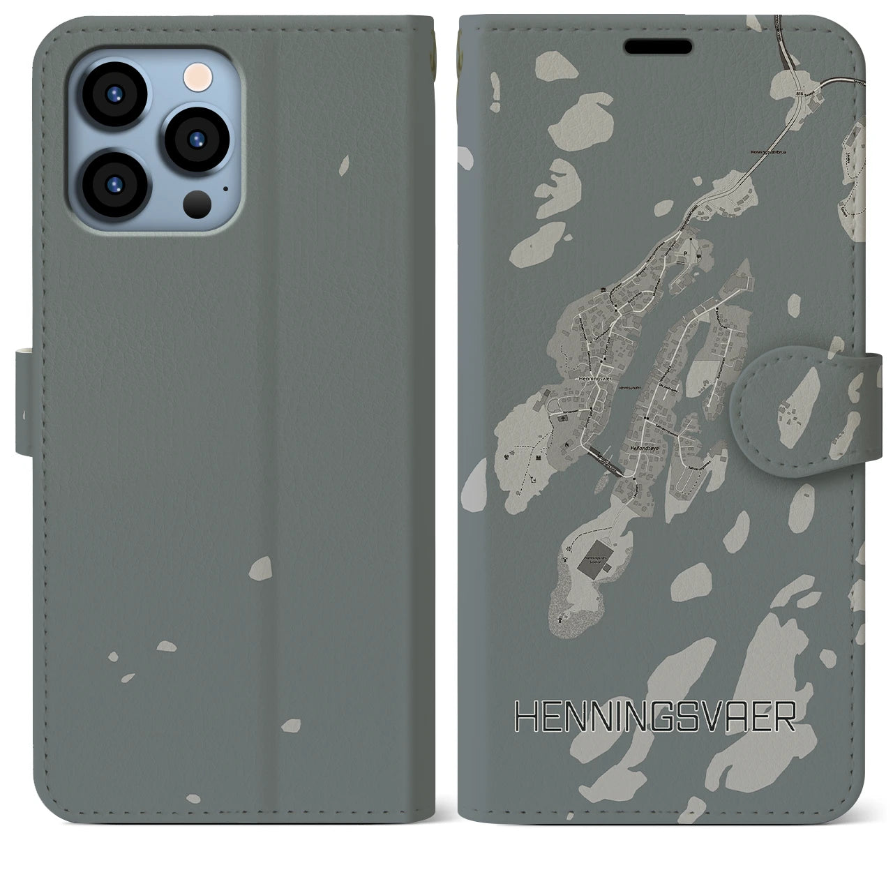 【ヘニングスヴァール(ノルウェー)】地図柄iPhoneケース(手帳タイプ)モノトーン・iPhone 13 Pro Max 用