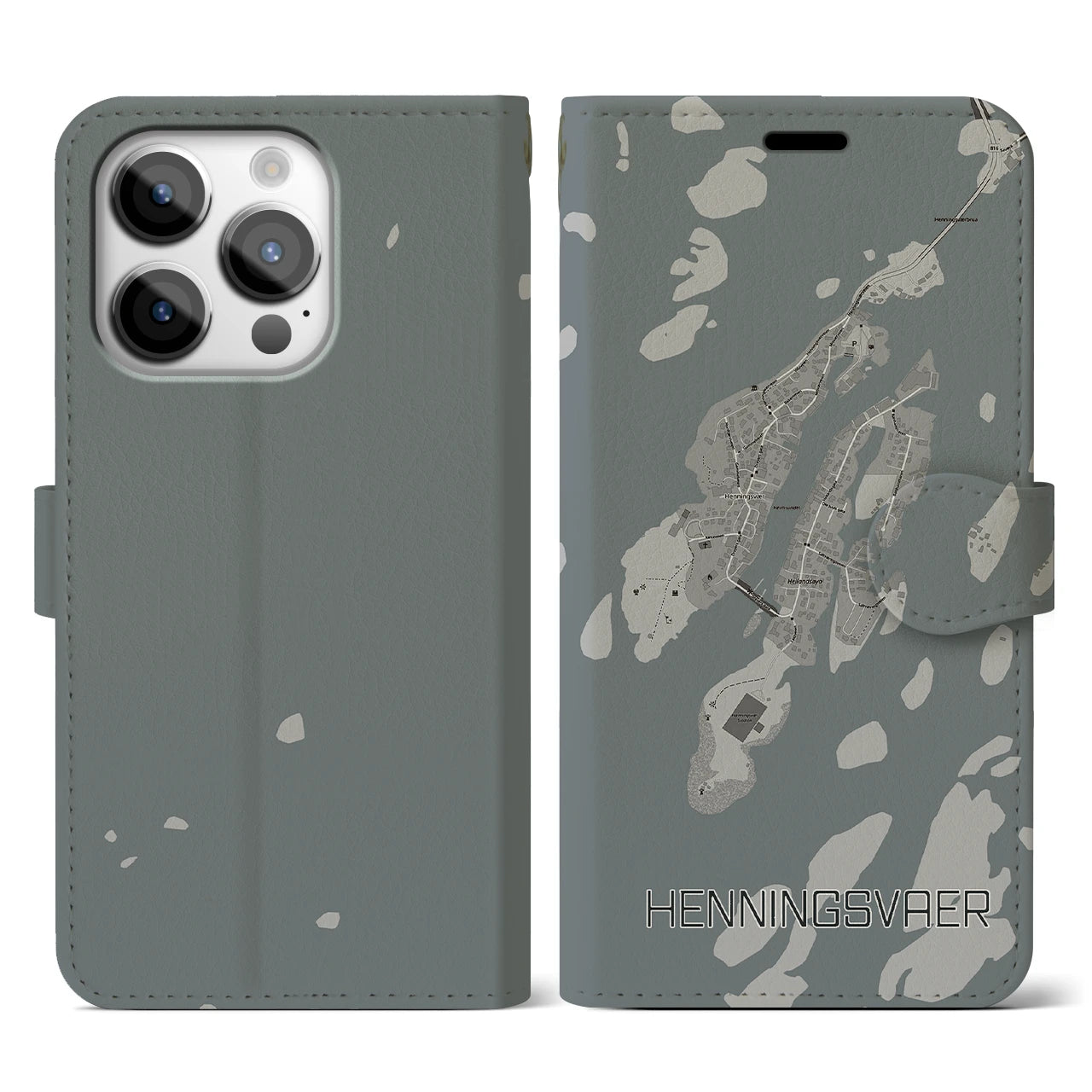 【ヘニングスヴァール(ノルウェー)】地図柄iPhoneケース(手帳タイプ)モノトーン・iPhone 14 Pro 用