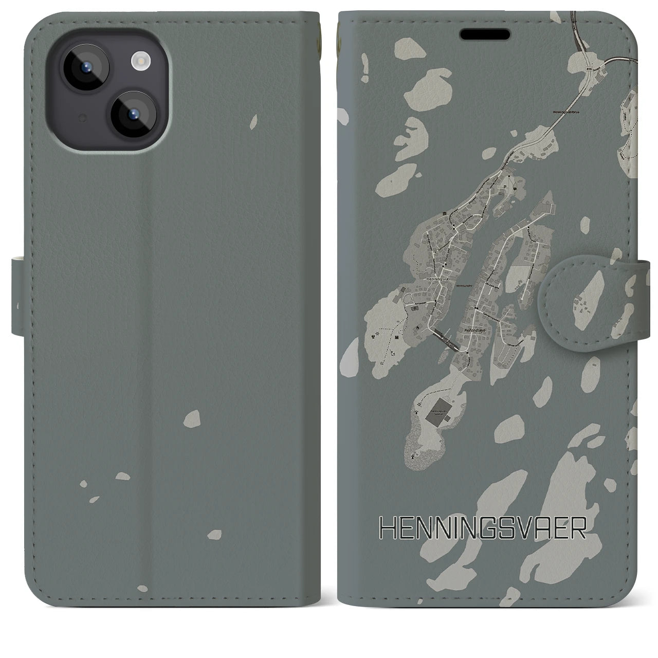 【ヘニングスヴァール(ノルウェー)】地図柄iPhoneケース(手帳タイプ)モノトーン・iPhone 14 Plus 用