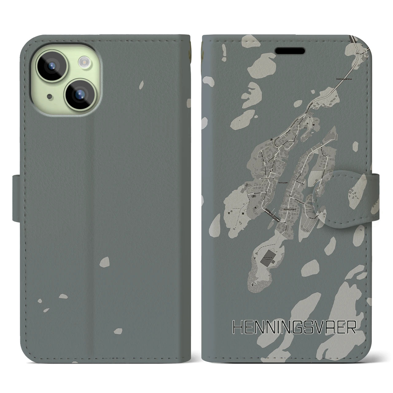 【ヘニングスヴァール(ノルウェー)】地図柄iPhoneケース(手帳タイプ)モノトーン・iPhone 15 用