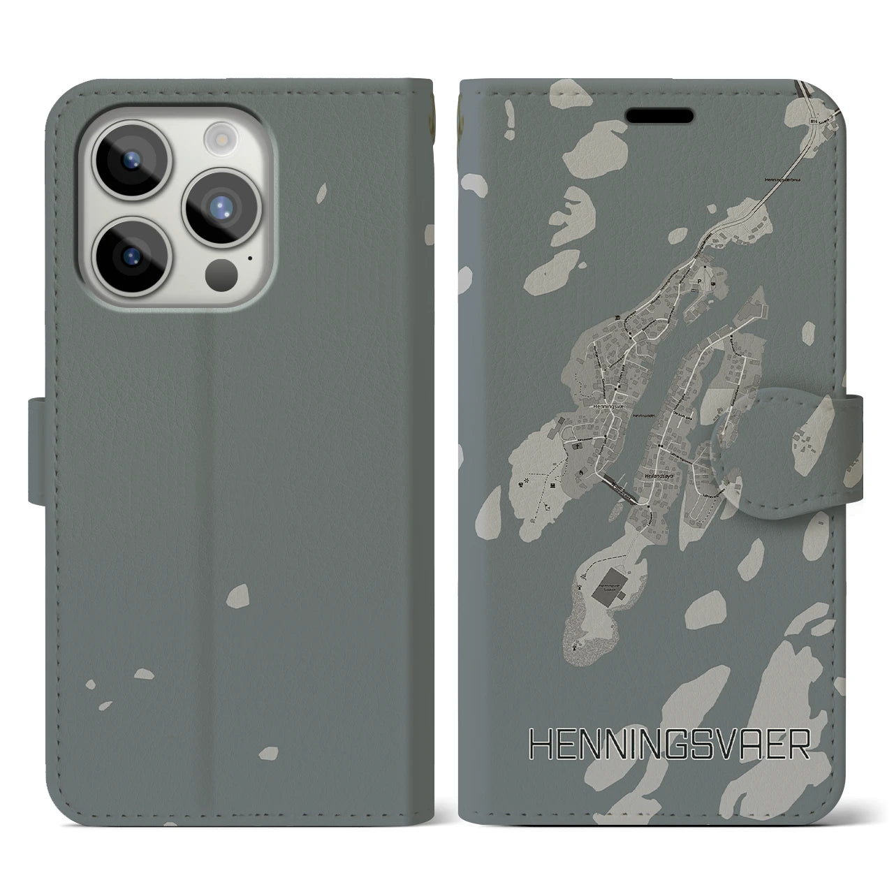 【ヘニングスヴァール(ノルウェー)】地図柄iPhoneケース(手帳タイプ)モノトーン・iPhone 15 Pro 用
