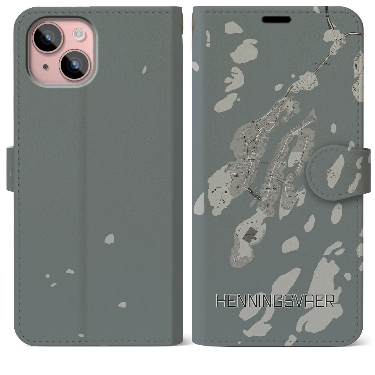 【ヘニングスヴァール(ノルウェー)】地図柄iPhoneケース(手帳タイプ)モノトーン・iPhone 15 Plus 用