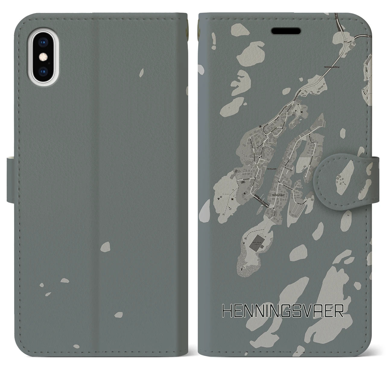 【ヘニングスヴァール(ノルウェー)】地図柄iPhoneケース(手帳タイプ)モノトーン・iPhone XS Max 用