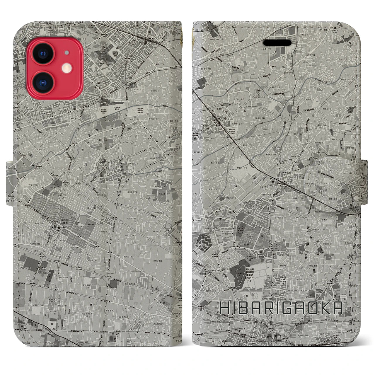 【ひばりヶ丘(東京都)】地図柄iPhoneケース(手帳タイプ)モノトーン・iPhone 11 用