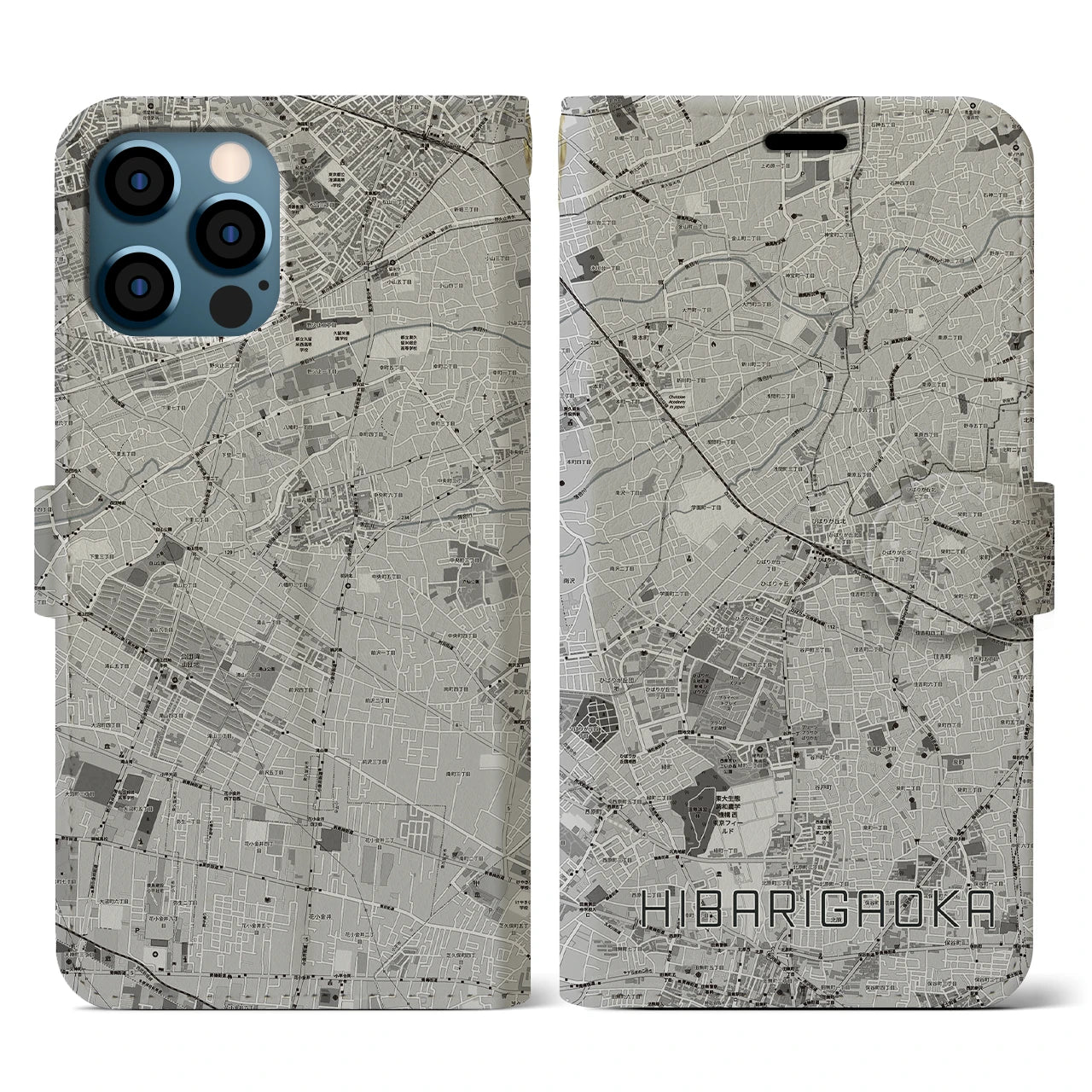 【ひばりヶ丘(東京都)】地図柄iPhoneケース(手帳タイプ)モノトーン・iPhone 12 / 12 Pro 用