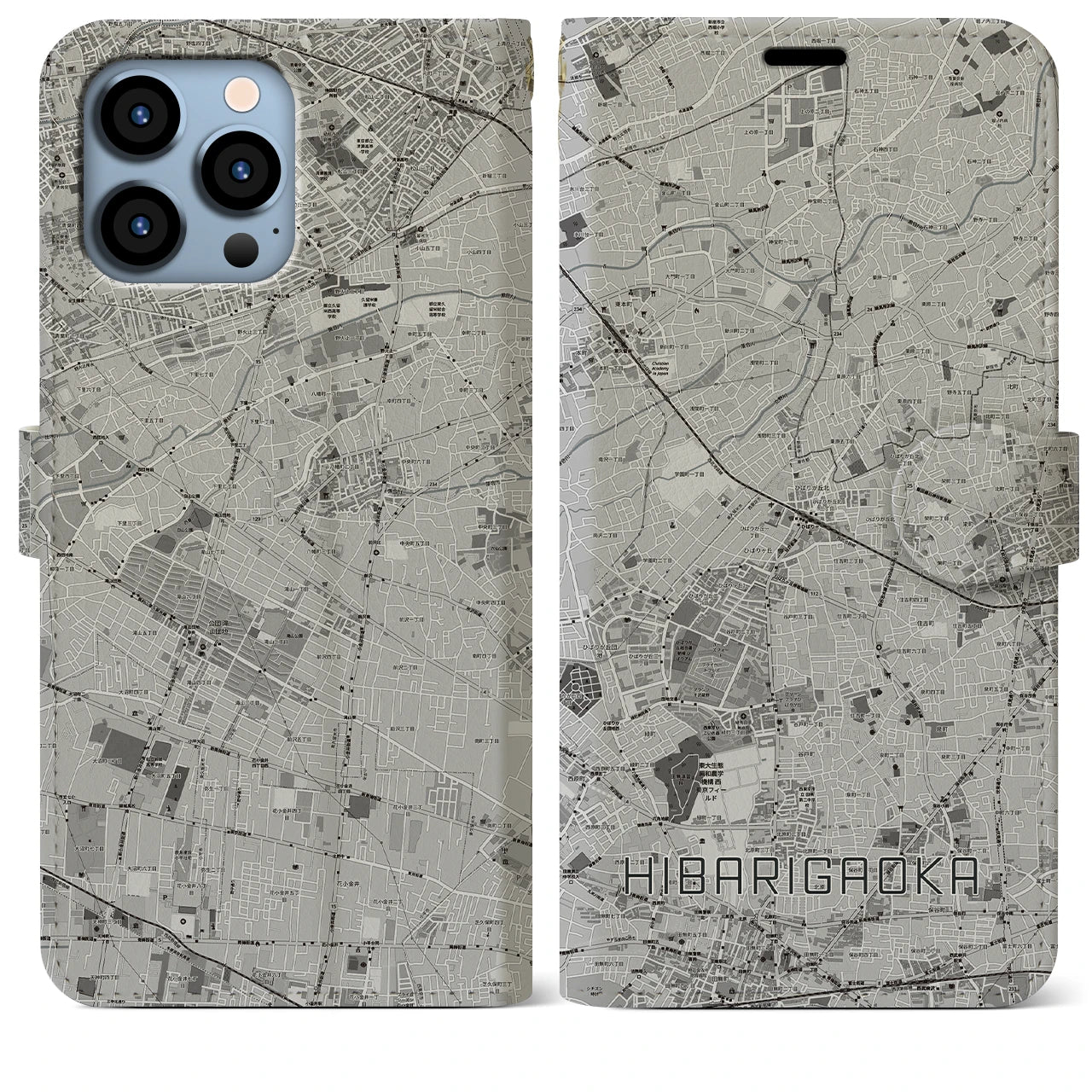 【ひばりヶ丘(東京都)】地図柄iPhoneケース(手帳タイプ)モノトーン・iPhone 13 Pro Max 用