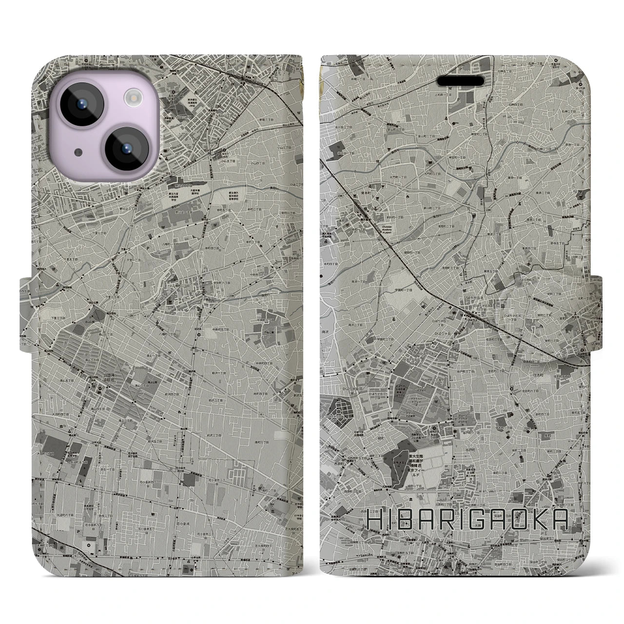 【ひばりヶ丘(東京都)】地図柄iPhoneケース(手帳タイプ)モノトーン・iPhone 14 用