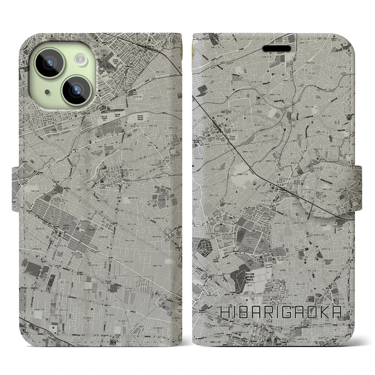 【ひばりヶ丘(東京都)】地図柄iPhoneケース(手帳タイプ)モノトーン・iPhone 15 用