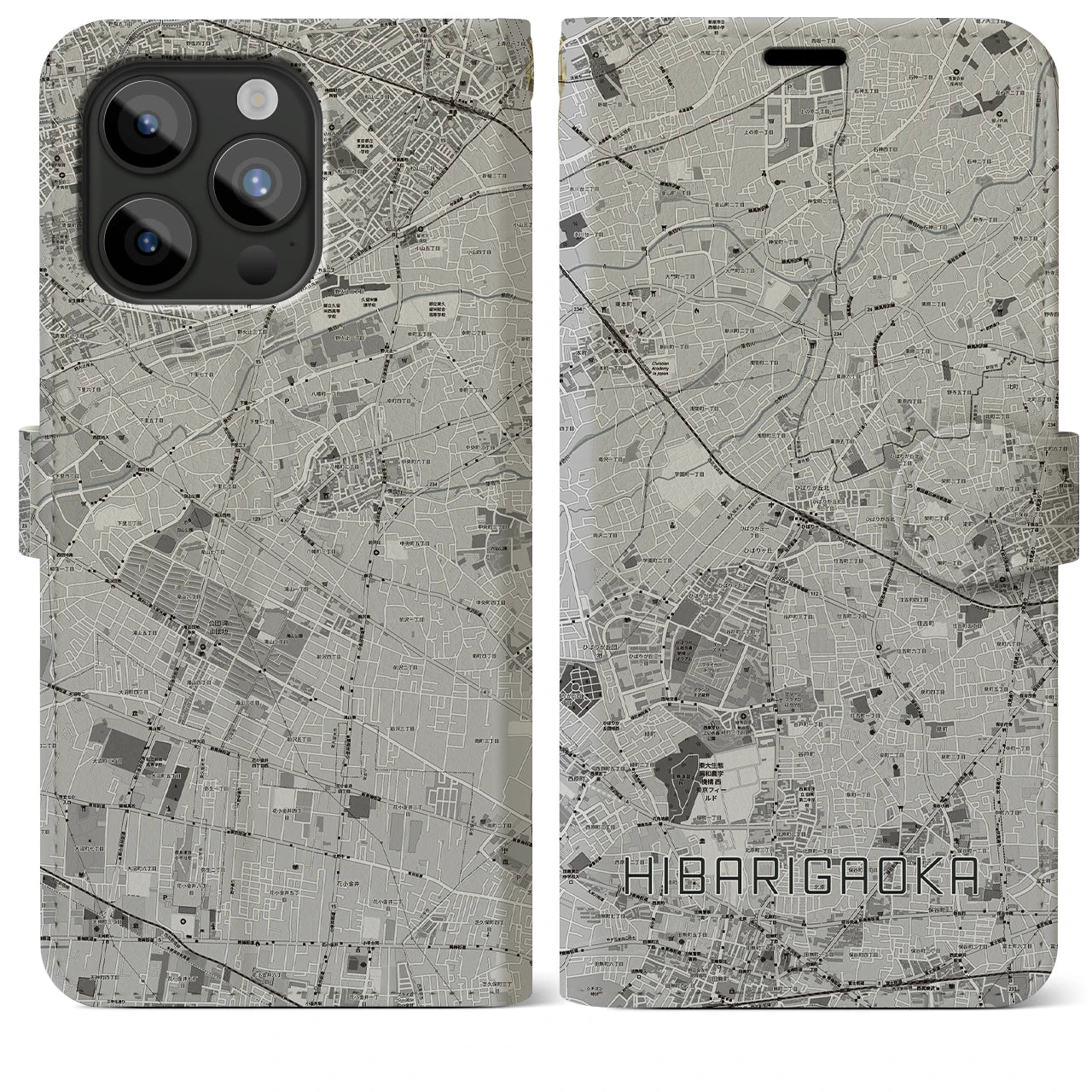 【ひばりヶ丘(東京都)】地図柄iPhoneケース(手帳タイプ)モノトーン・iPhone 15 Pro Max 用