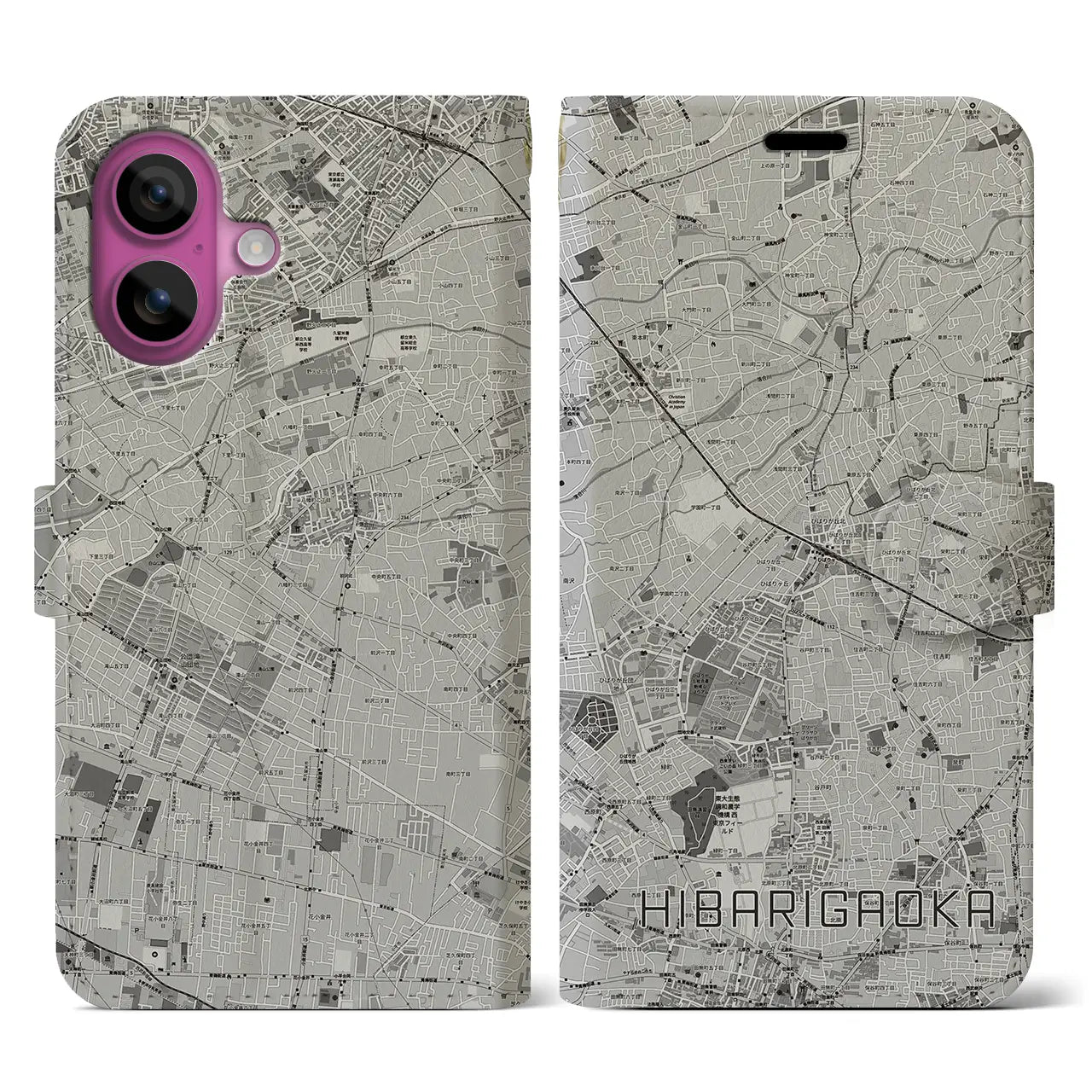 【ひばりヶ丘(東京都)】地図柄iPhoneケース(手帳タイプ)モノトーン・iPhone 16 Pro 用