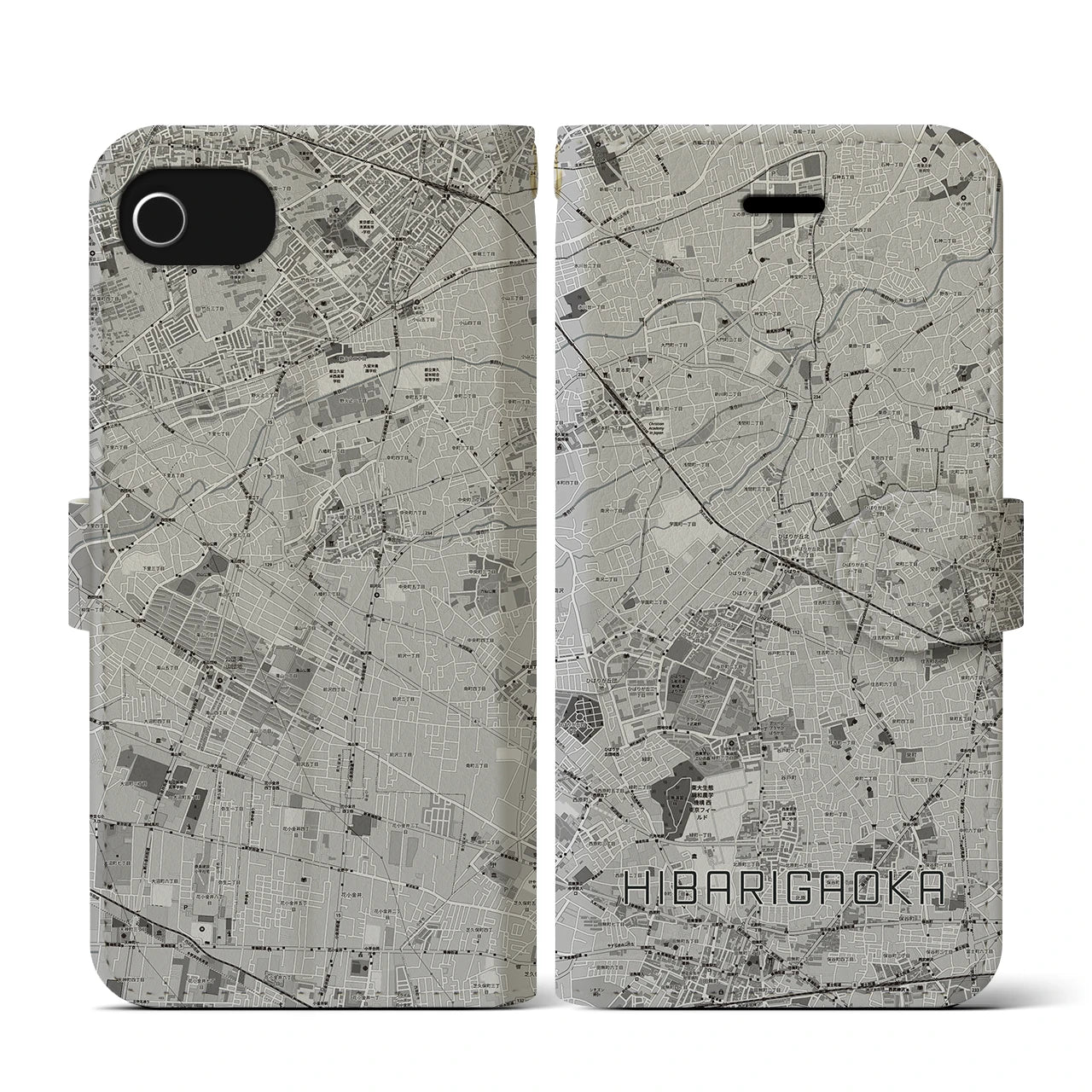 【ひばりヶ丘(東京都)】地図柄iPhoneケース(手帳タイプ)モノトーン・iPhone SE(第3 / 第2世代) / 8 / 7 / 6s / 6 用