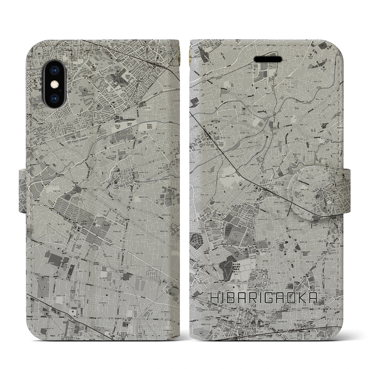【ひばりヶ丘(東京都)】地図柄iPhoneケース(手帳タイプ)モノトーン・iPhone XS / X 用