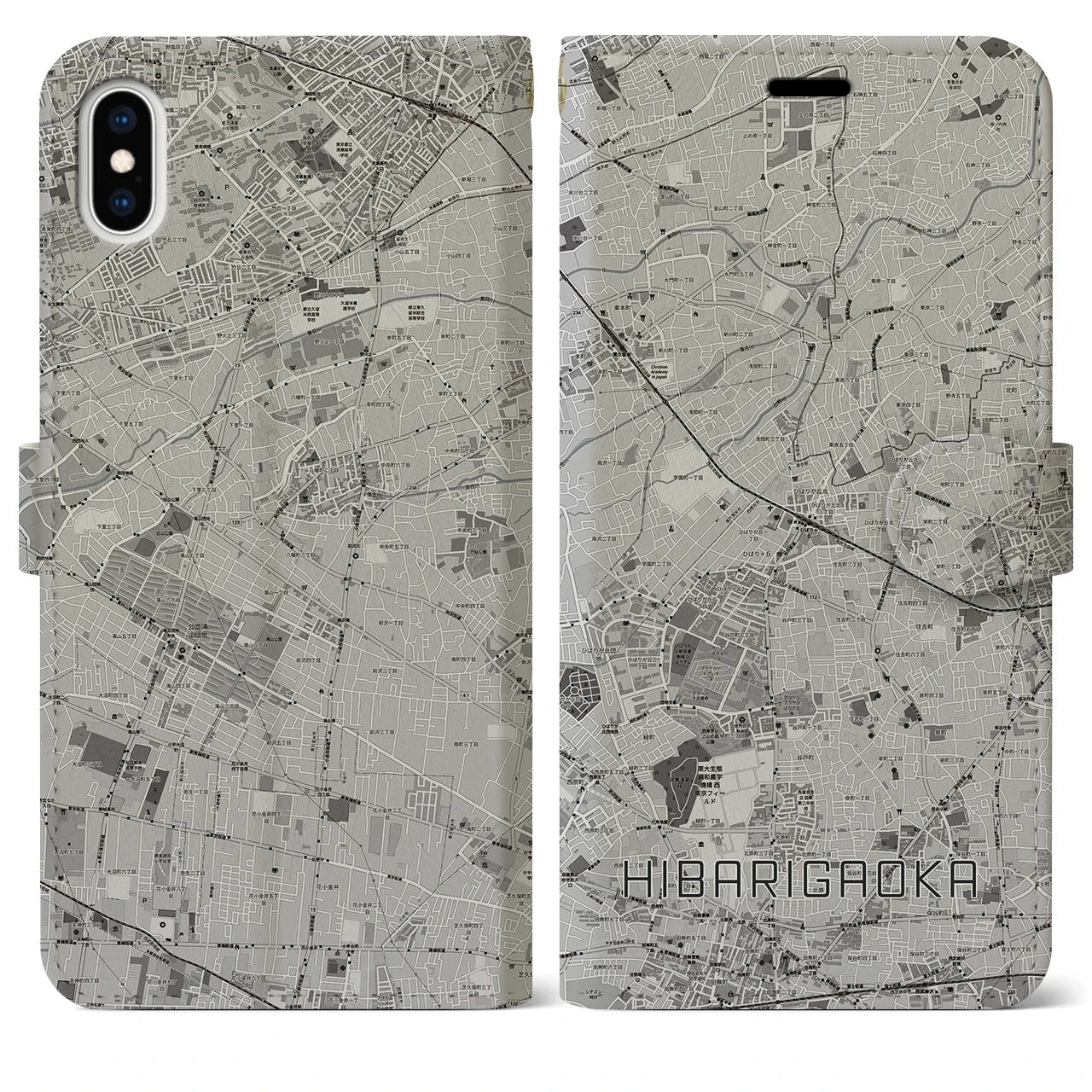 【ひばりヶ丘(東京都)】地図柄iPhoneケース(手帳タイプ)モノトーン・iPhone XS Max 用