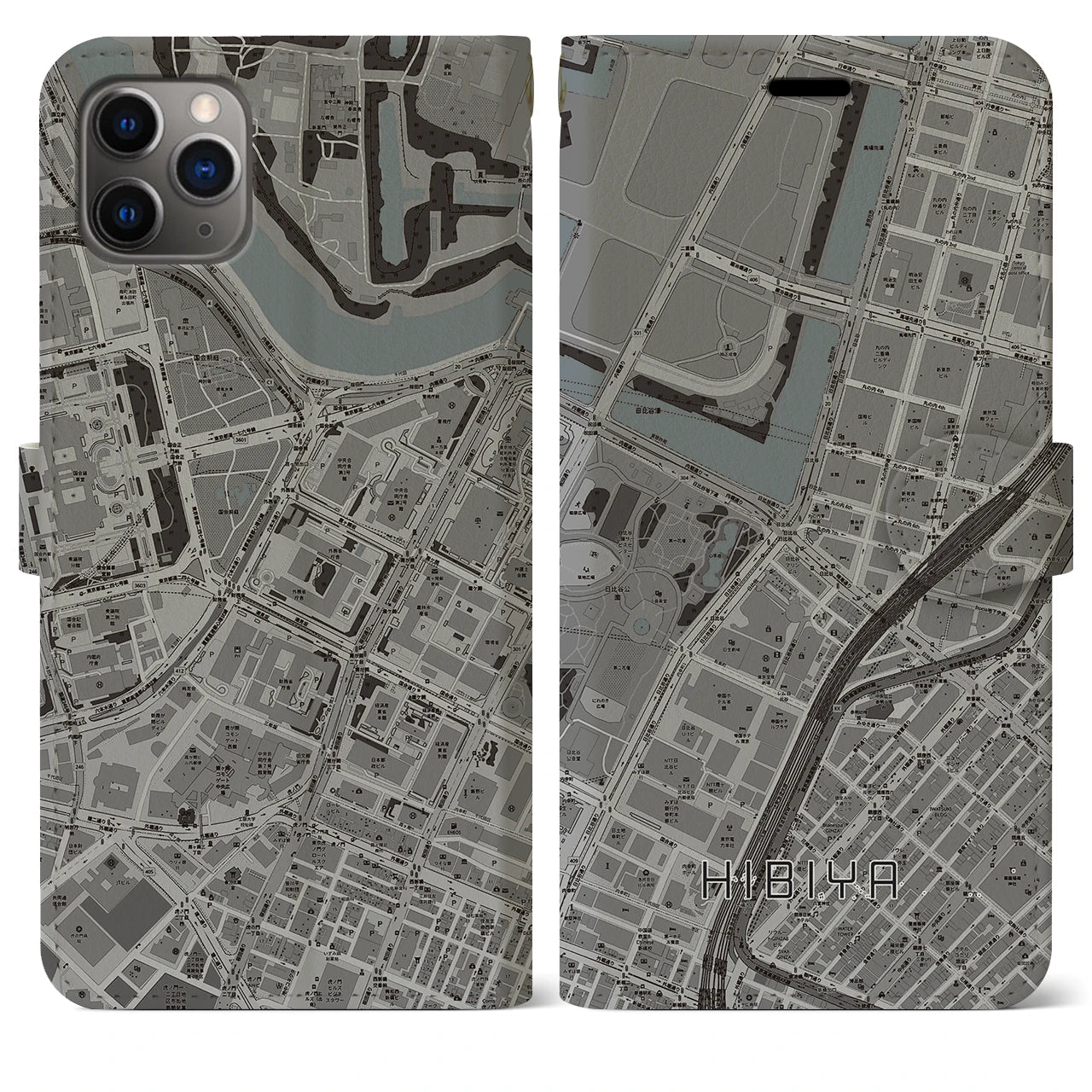 【日比谷(東京都)】地図柄iPhoneケース(手帳タイプ)モノトーン・iPhone 11 Pro Max 用