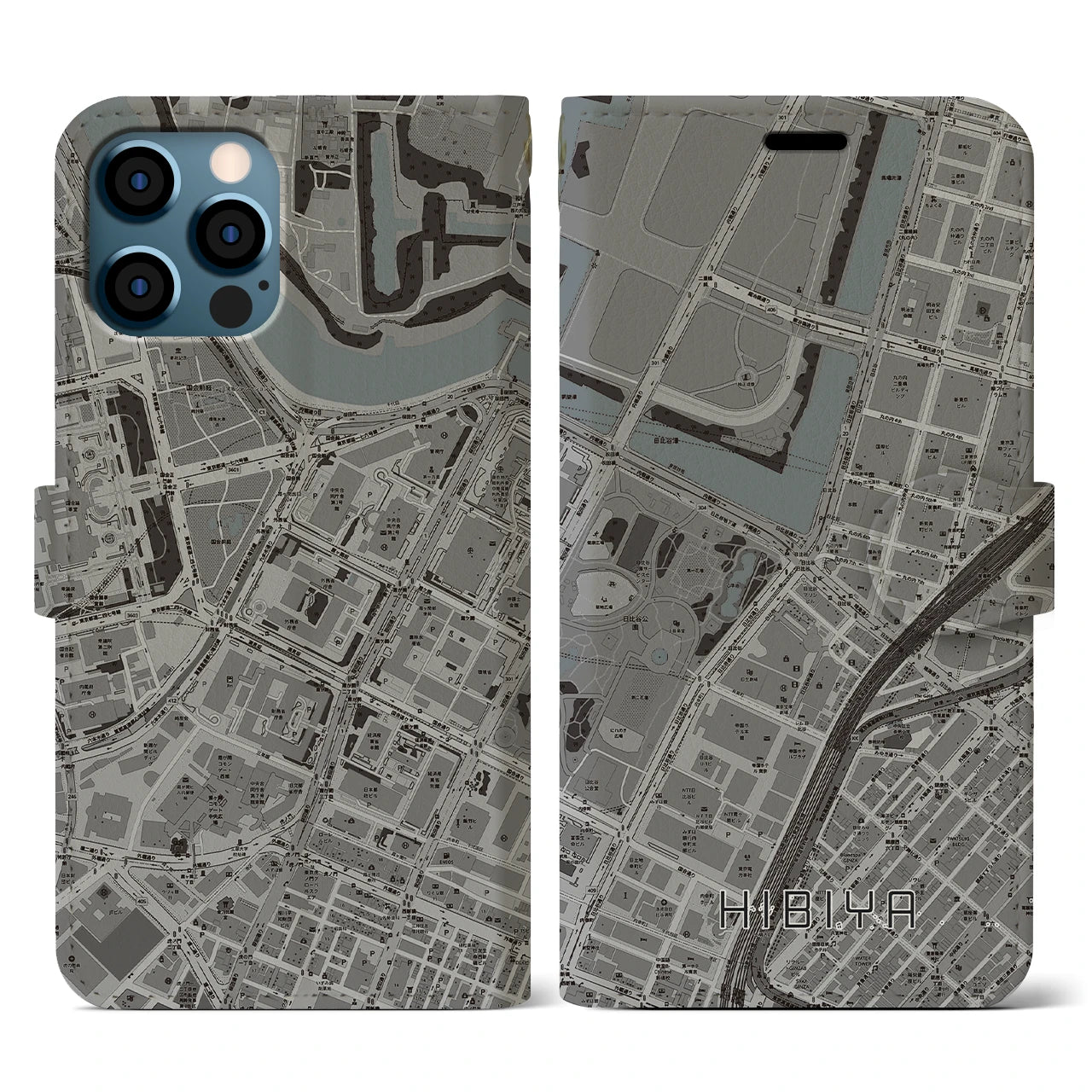 【日比谷(東京都)】地図柄iPhoneケース(手帳タイプ)モノトーン・iPhone 12 / 12 Pro 用