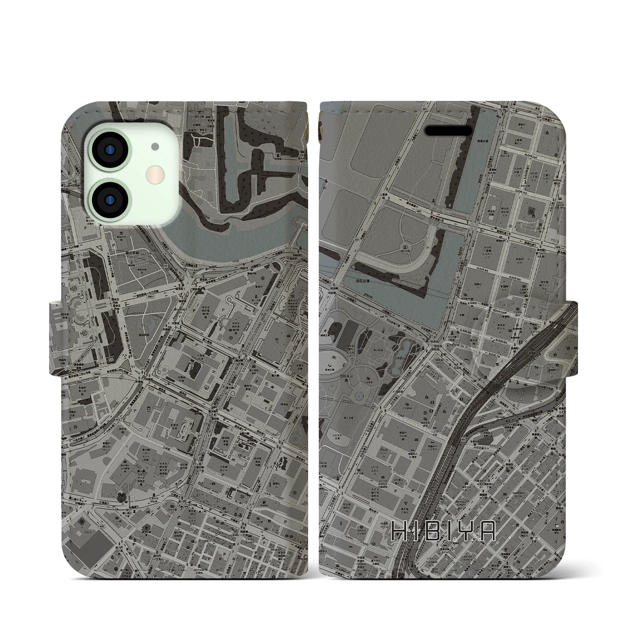 【日比谷(東京都)】地図柄iPhoneケース(手帳タイプ)モノトーン・iPhone 12 mini 用