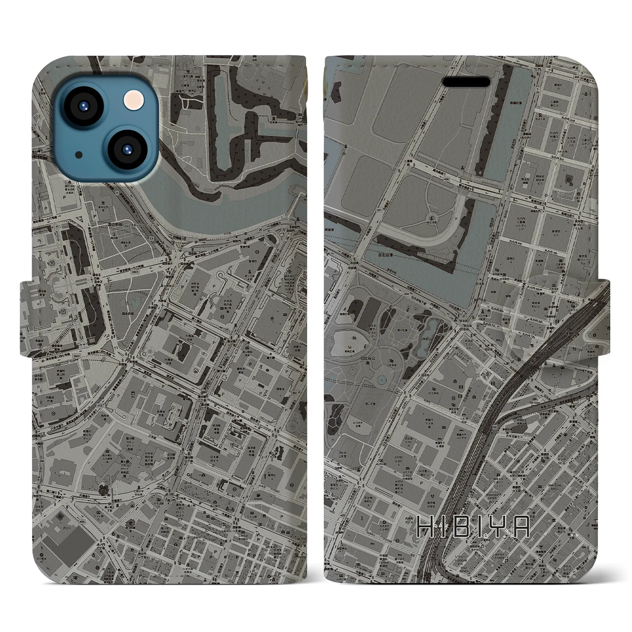 【日比谷(東京都)】地図柄iPhoneケース(手帳タイプ)モノトーン・iPhone 13 用