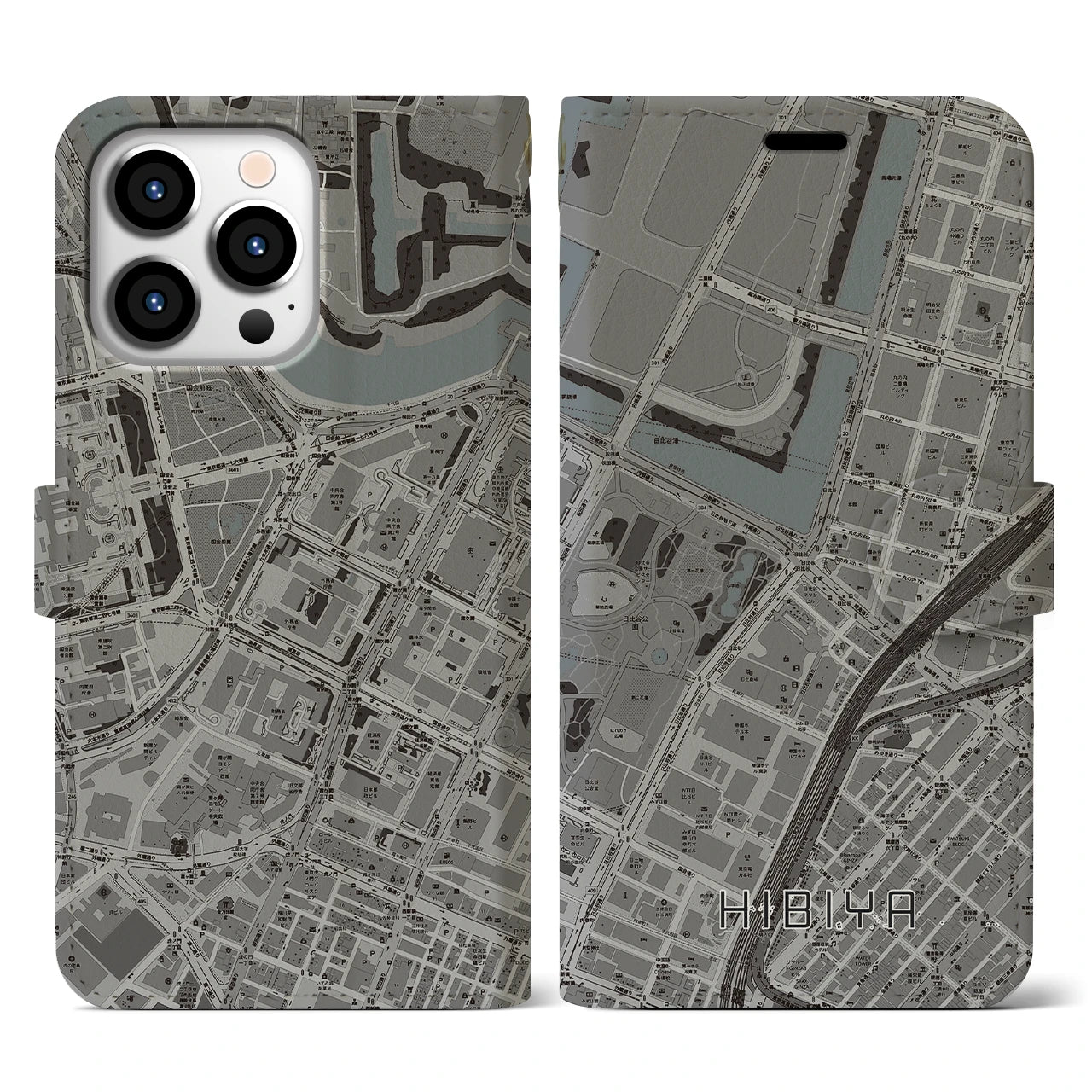 【日比谷(東京都)】地図柄iPhoneケース(手帳タイプ)モノトーン・iPhone 13 Pro 用
