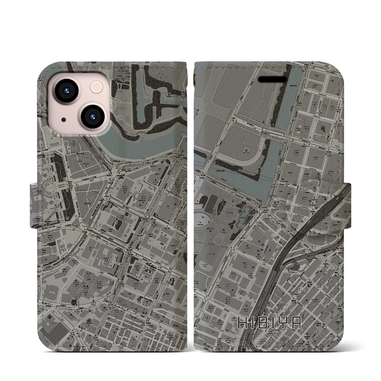 【日比谷(東京都)】地図柄iPhoneケース(手帳タイプ)モノトーン・iPhone 13 mini 用