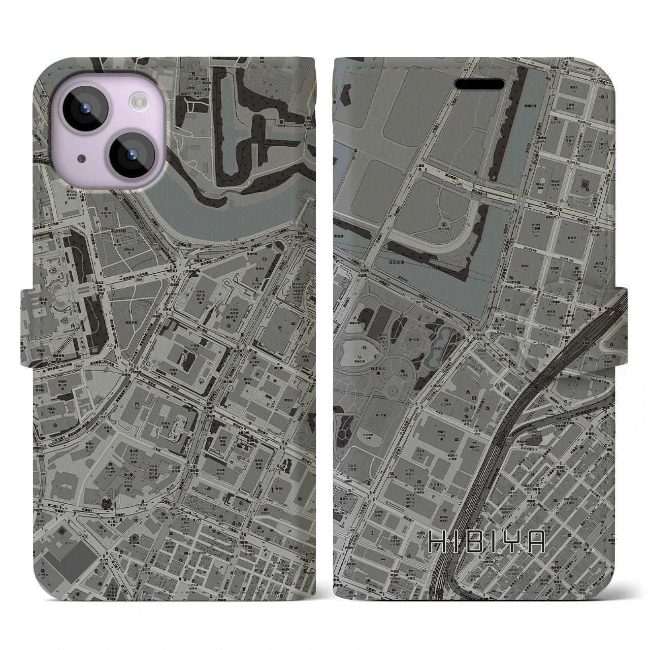【日比谷(東京都)】地図柄iPhoneケース(手帳タイプ)モノトーン・iPhone 14 用