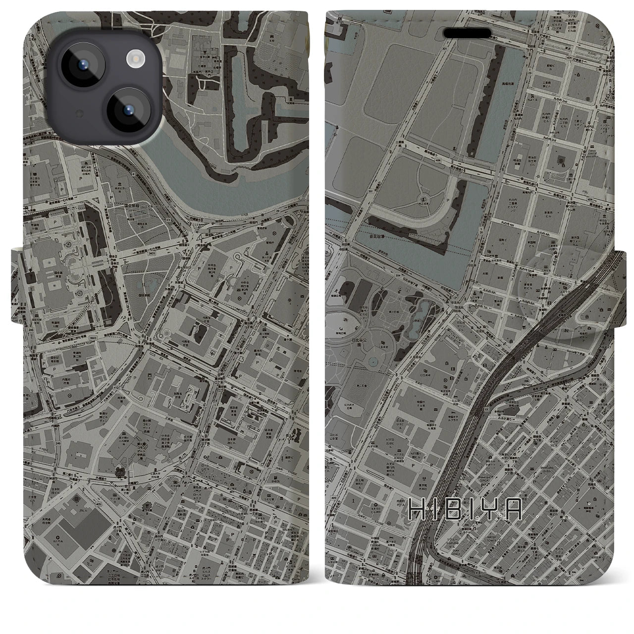 【日比谷(東京都)】地図柄iPhoneケース(手帳タイプ)モノトーン・iPhone 14 Plus 用