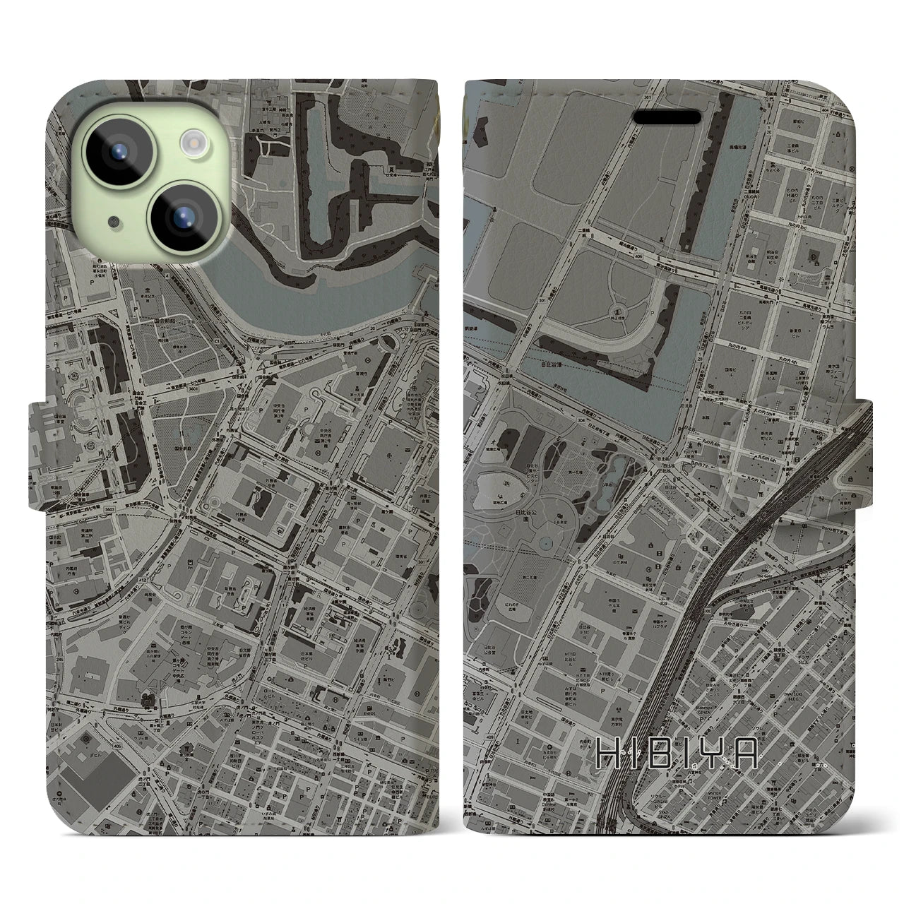 【日比谷(東京都)】地図柄iPhoneケース(手帳タイプ)モノトーン・iPhone 15 用
