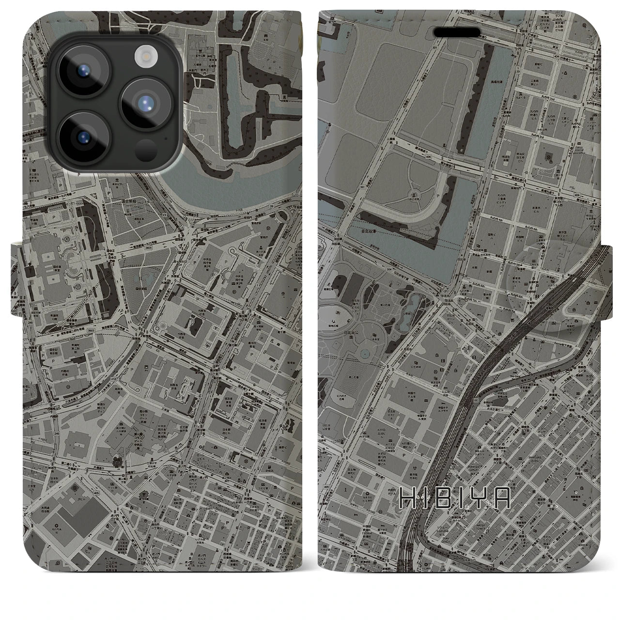 【日比谷(東京都)】地図柄iPhoneケース(手帳タイプ)モノトーン・iPhone 15 Pro Max 用