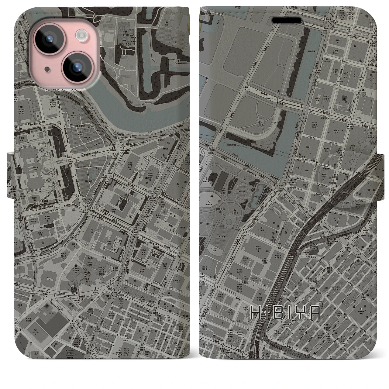 【日比谷(東京都)】地図柄iPhoneケース(手帳タイプ)モノトーン・iPhone 15 Plus 用