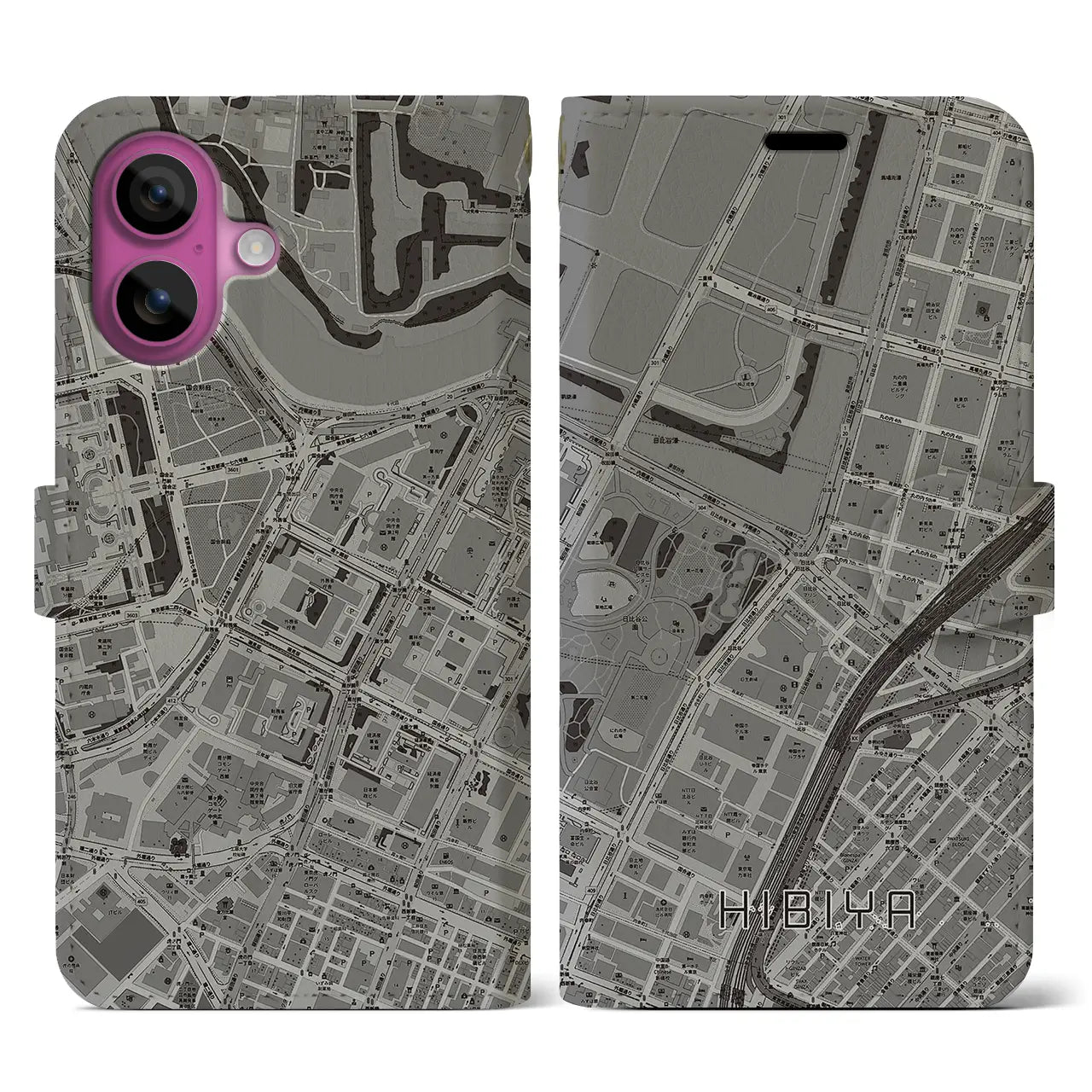 【日比谷(東京都)】地図柄iPhoneケース(手帳タイプ)モノトーン・iPhone 16 Pro 用