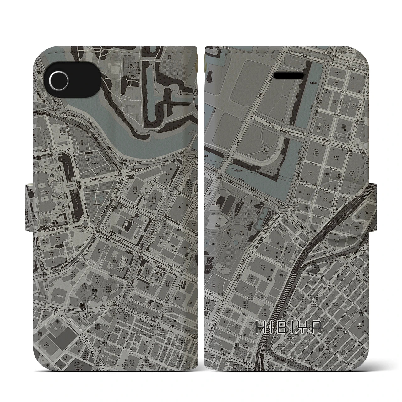 【日比谷(東京都)】地図柄iPhoneケース(手帳タイプ)モノトーン・iPhone SE(第3 / 第2世代) / 8 / 7 / 6s / 6 用