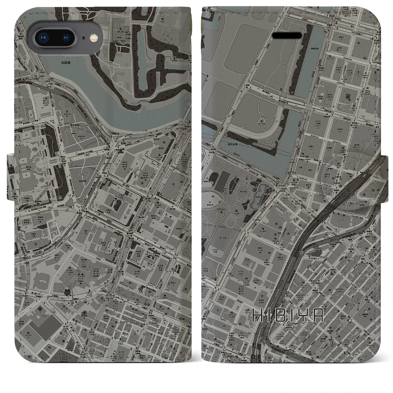 【日比谷(東京都)】地図柄iPhoneケース(手帳タイプ)モノトーン・iPhone 8Plus /7Plus / 6sPlus / 6Plus 用
